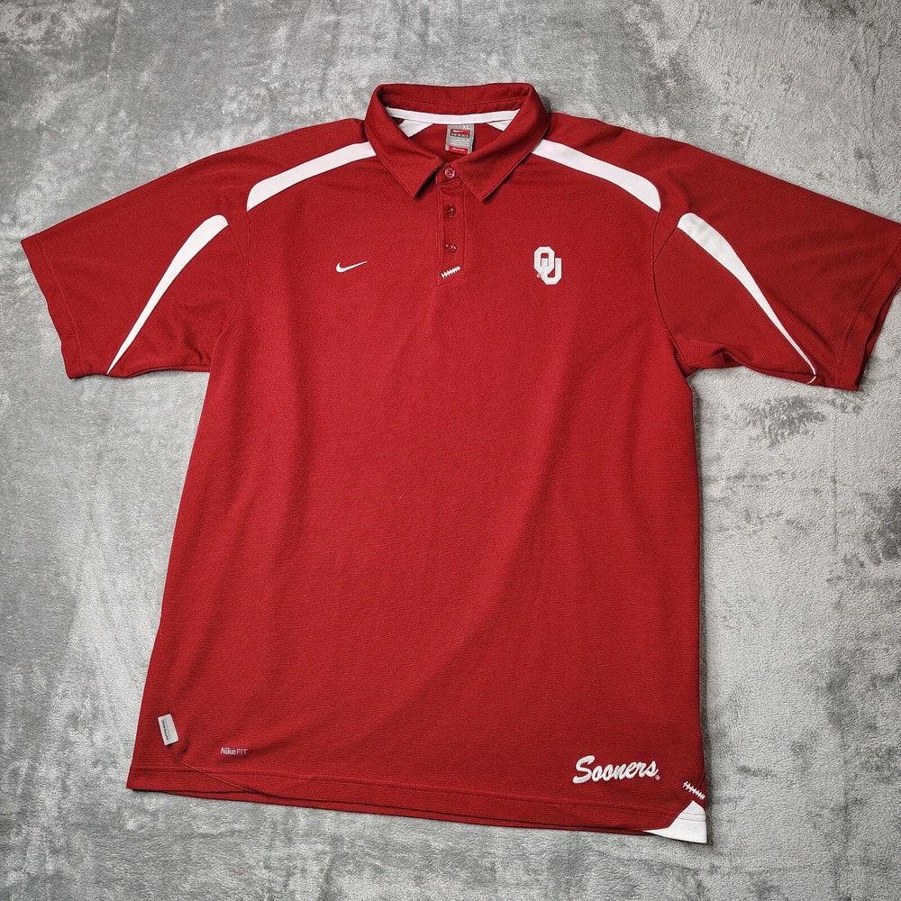 VTG Nike Team Oklahoma Sooners‎ Polo Shirt Mens XL Red NikeFIT DRY Short Sleeve
